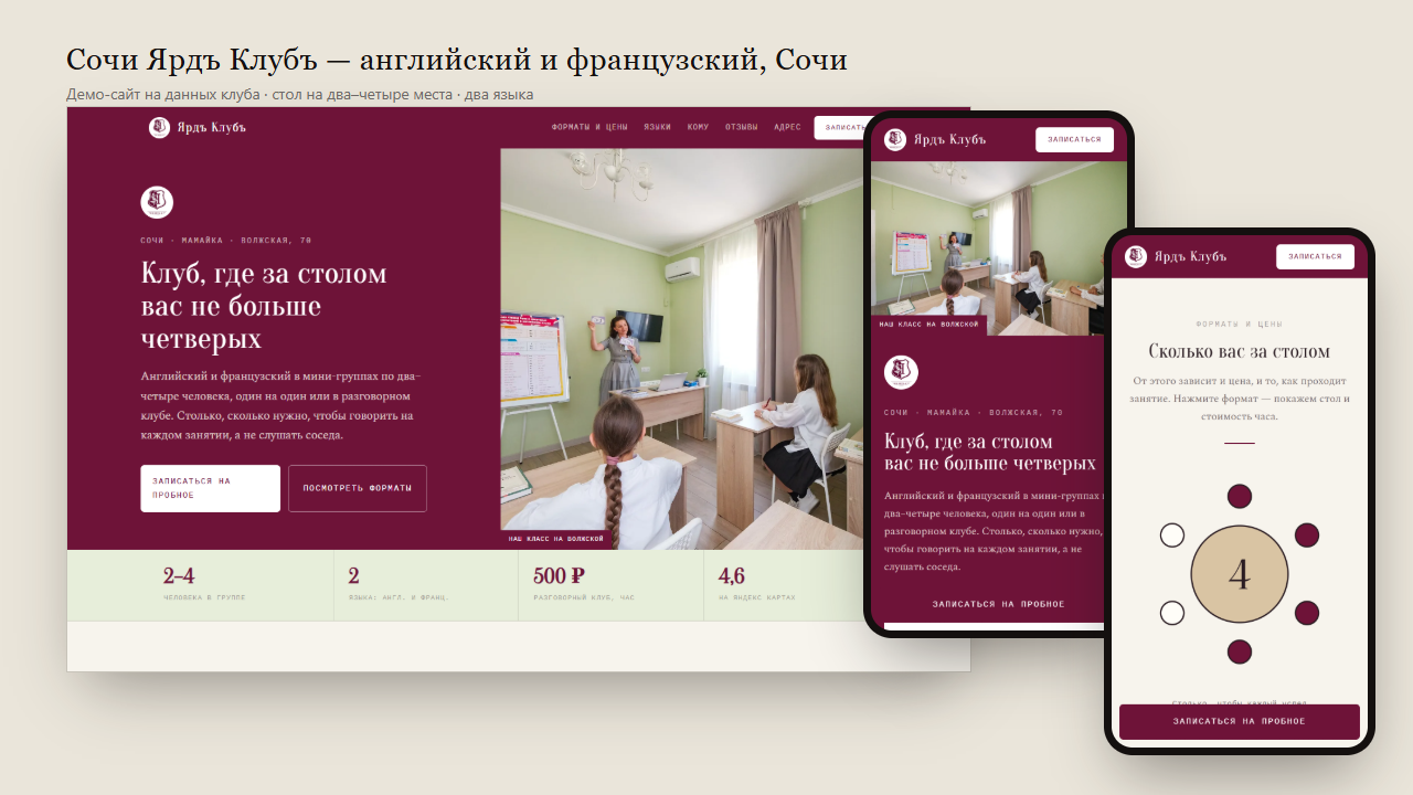 Первый экран сайта Сочи Ярдъ Клубъ